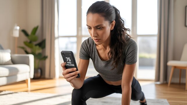 A woman exercising and checking workout data on a smartphone.