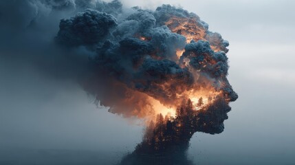 Exploding mind with dreams and emotions concept. A surreal blend of nature and psyche creating a stunning visual.