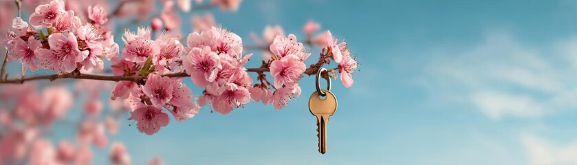 Blooming branch holding house shape key ring concept. A key hangs gracefully from a branch of blooming cherry flowers.