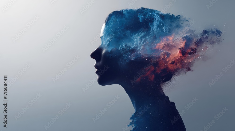 Aufkleber exploding mind with dreams and emotions concept. a creative silhouette blending human form and color