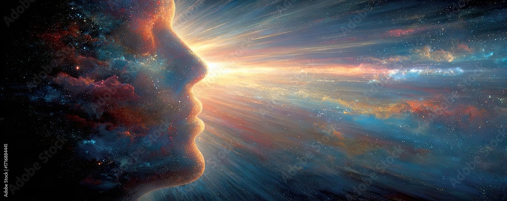 Aufkleber exploding mind with dreams and emotions concept. a cosmic silhouette representing enlightenment and 