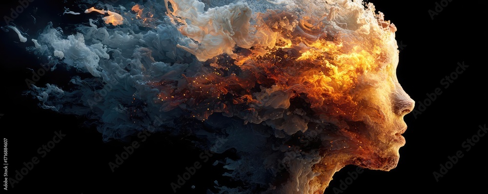 Poster exploding mind with dreams and emotions concept. a surreal representation of a human face merging wi