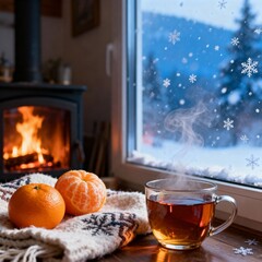 겨울귤과따뜻한차가있는아늑한거실풍경