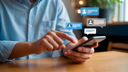 Person using a smartphone to send messages with floating speech bubbles. Communication and technology. 