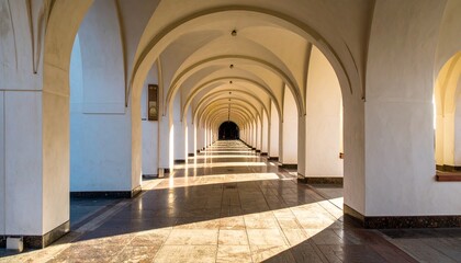 Sunlit Archway Corridor With White Walls and Stone Floor