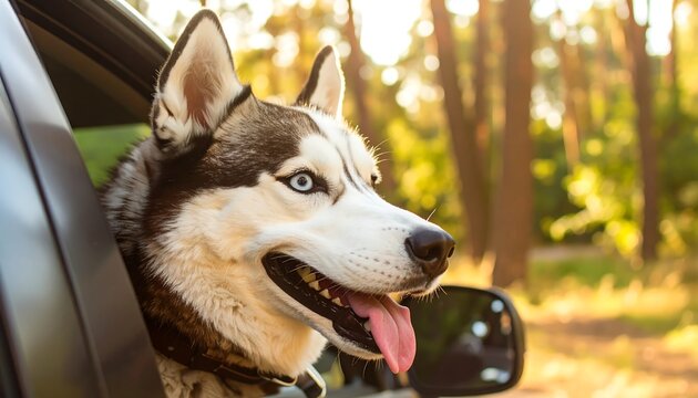 Husky dog in car window, forest background