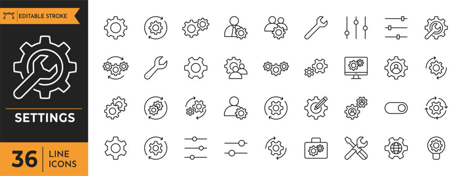settings icon set. Editable stroke. Vector illustration