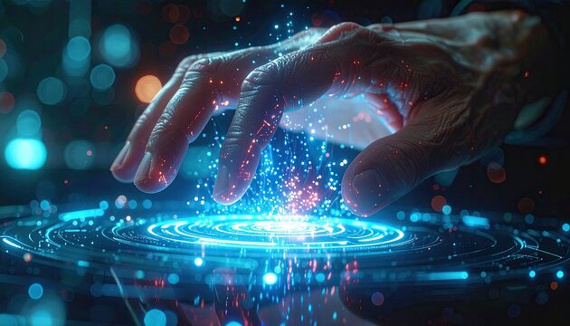 Hand Interacting with Glowing Blue and Red Particles on a Circular Surface with Bokeh Background - Powered by Adobe