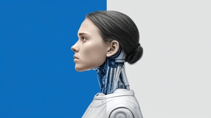 Fototapeta premium Futuristic humanoid robot concept with human-like features, showcasing advanced technology, combined artistry, and innovative design in a modern aesthetic