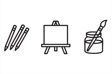 Art tools vector icons set with pencils, easel, and paintbrush for creative projects