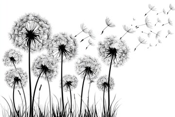 Black and white illustration of dandelions and seeds blowing in the wind.