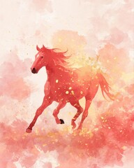 Fototapeta premium A majestic horse galloping through a sky filled with fluffy clouds, showcasing its strength and grace. The scene is reminiscent of a dreamlike setting 