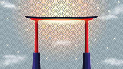 Japanese Torii Gate with Gray Traditional Pattern Background