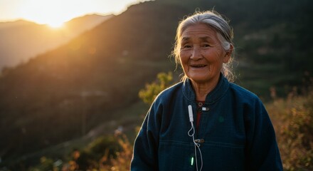 Naklejka premium Elderly woman smiling outdoors in a mountainous landscape.