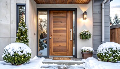 Modern home's snowy entrance