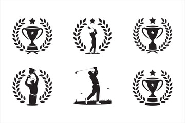 Vector golf icons with trophies, laurel wreaths, and athlete silhouettes for tournaments