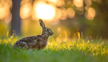 Hare at sunset in a grassy field