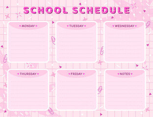 Vector school schedule template in pink shades. Timetable for schoolchildren, cute doodle cartoon design, kawaii back to school weekly lesson planner with checkered background