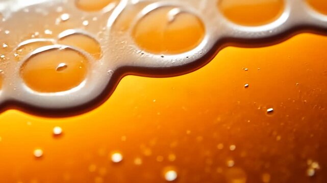 Close up of beer foam and bubbles in amber liquid macro shot.