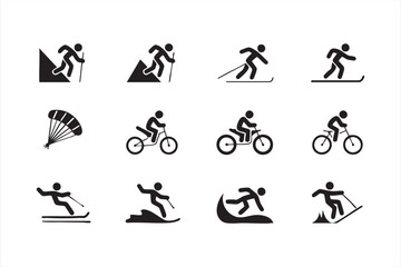 Vector extreme sports icons including skiing, cycling, surfing, and paragliding symbols
