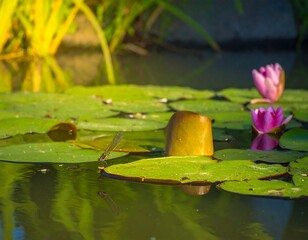 Lily pads, dragonfly, and pink water lilies in a pond.  Sunlight filters through the greenery