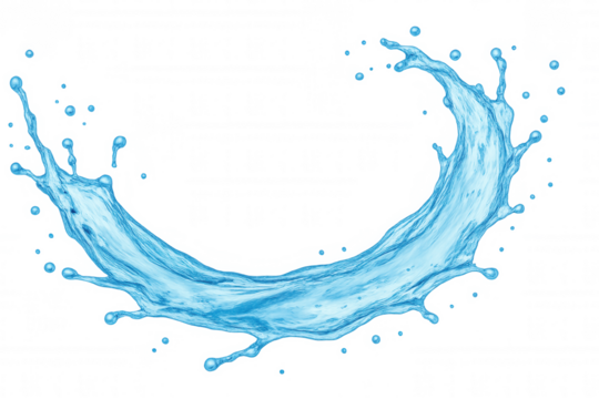 Blue pure water splashing in dynamic wave shape, clean liquid stream forming abstract arch with drops, transparent background