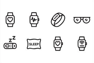 Health and fitness tracker icon set with pulse monitor, wristband, and connected devices