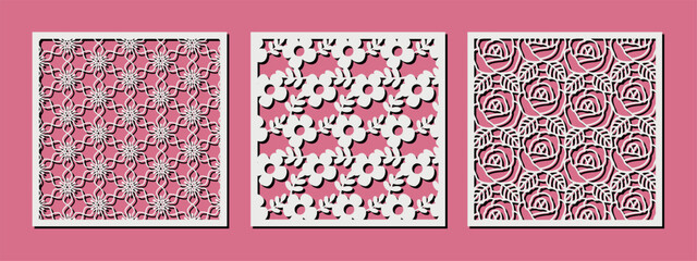 Decorative square panels with foral pattern. Cutout design with flowers for home interior decor, privacy screen, wall art, room divider, paper art. Template for laser, cnc, plasma and plotter cutting