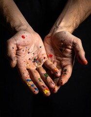 Hands stained with colorful paint