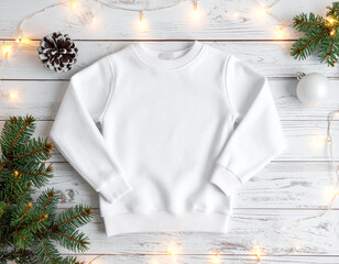 White sweatshirt jumper mock up on a wooden Christmas background with decorations 
