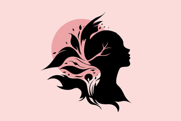 Abstract female silhouette with nature elements – mind and growth concept illustration