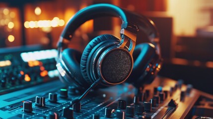Fototapeta premium Headphones on mixing console in studio