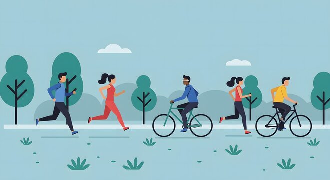 Active Lifestyle Illustration: Diverse Individuals Exercising Outdoors