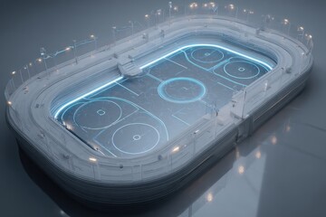 Futuristic Ice Hockey Rink with Glowing Blue Lines and Modern Architecture