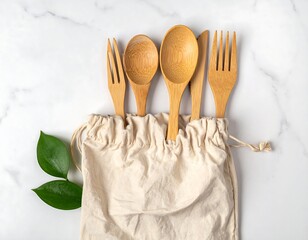 Wooden cutlery set in a reusable bag on marble