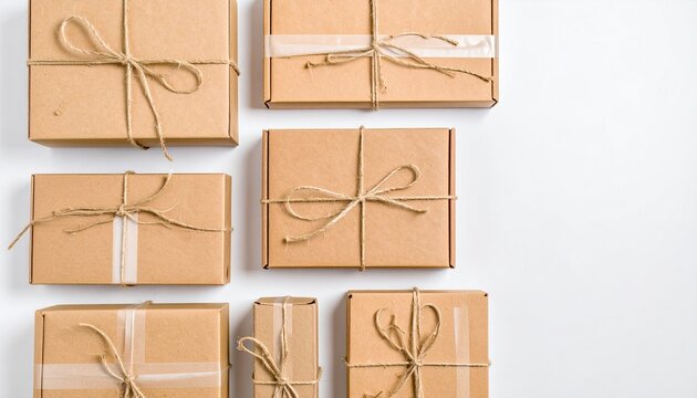 Brown Paper Gift Boxes Tied with Twine on White Background
