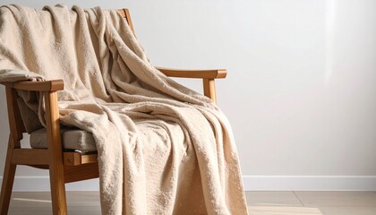 Cream-Colored Throw Blanket Draped on Wooden Armchair Against White Wall