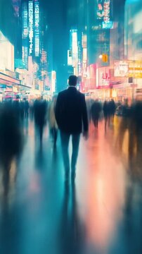 A Man Walking Through a Blurred City Night Scene