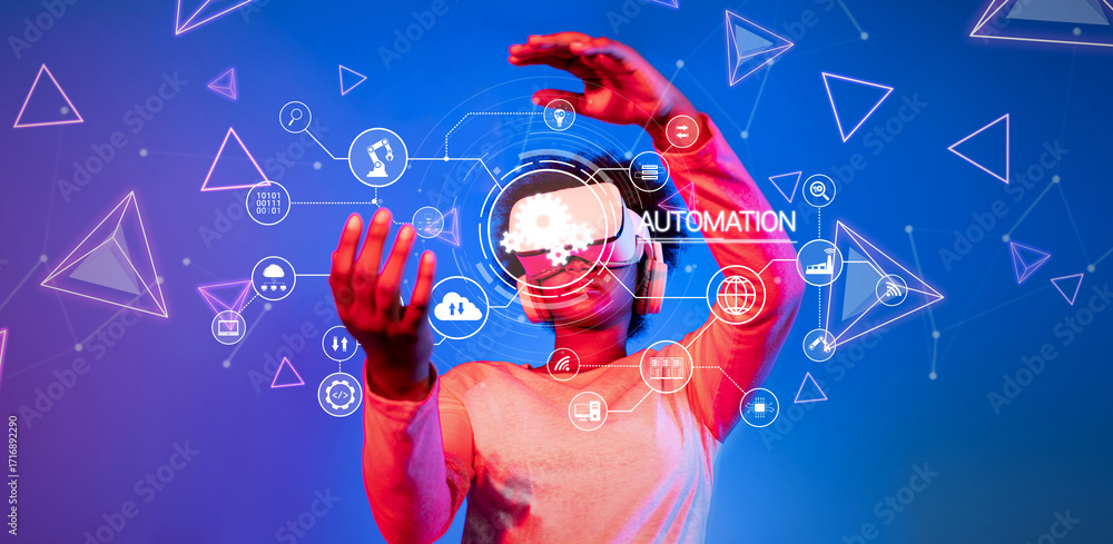 Poster a modern representation of innovative automation technology showcasing human interaction with digita