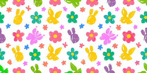 Cute hand drawn colorful easter bunny and flower pattern seamless background