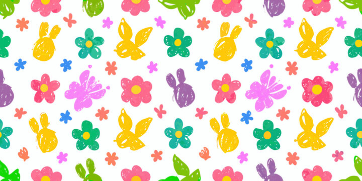 Cute hand drawn colorful easter bunny and flower pattern seamless background