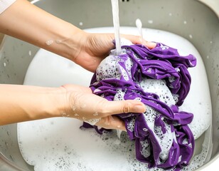 Hands washing purple fabric in soapy water