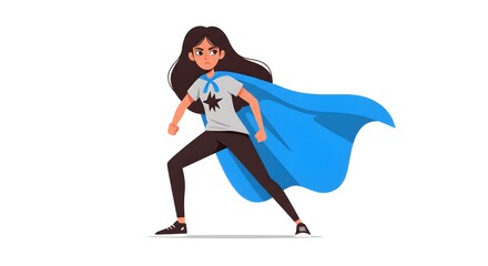 Determined Female Superhero in Action, Bold Blue Cape, Powerful Pose