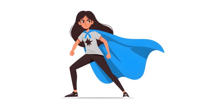 Determined Female Superhero in Action, Bold Blue Cape, Powerful Pose