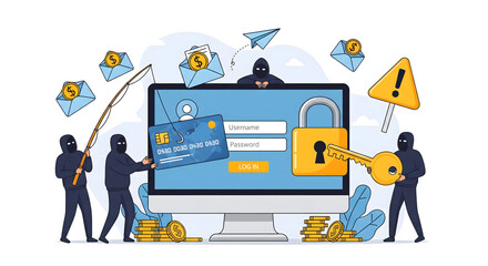 Computer screen displaying a login with a credit card padlock key and hooded figures Envelopes with dollar signs