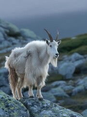 Obraz premium Majestic Mountain Goat Standing on Rocky Terrain in a Misty Alpine Environment, Wildlife Portrait