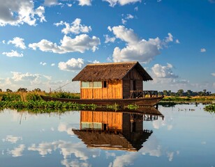 Fototapeta premium Wooden houseboat on tranquil lake, bright sky