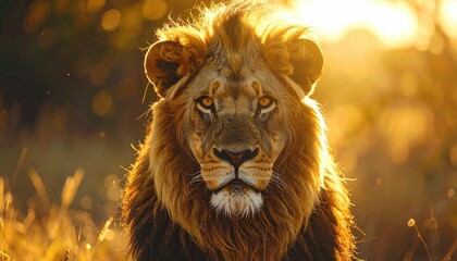 Naklejka premium Majestic Lion Portrait with Golden Light in African Savanna Wildlife Photography