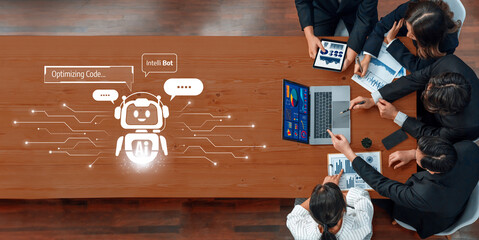 A diverse team engages in a collaborative meeting to explore artificial intelligence and coding optimization, featuring a robot icon and modern digital tools. Trope