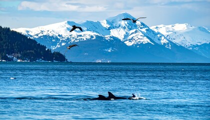 Obraz premium Majestic Alaskan landscape with wildlife. Birds soar over water, mountains in the background
